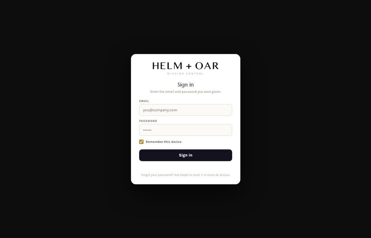 Helm and Oar Mission Control sign in
